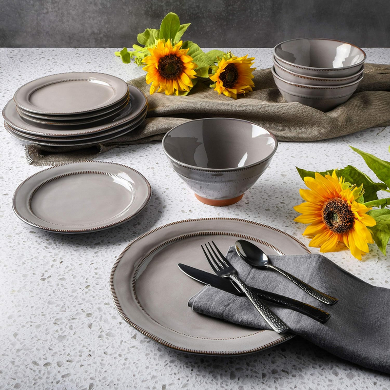 Round Reactive Glaze Terra Cotta Dinnerware Set, Service for Four (12pcs), Grey