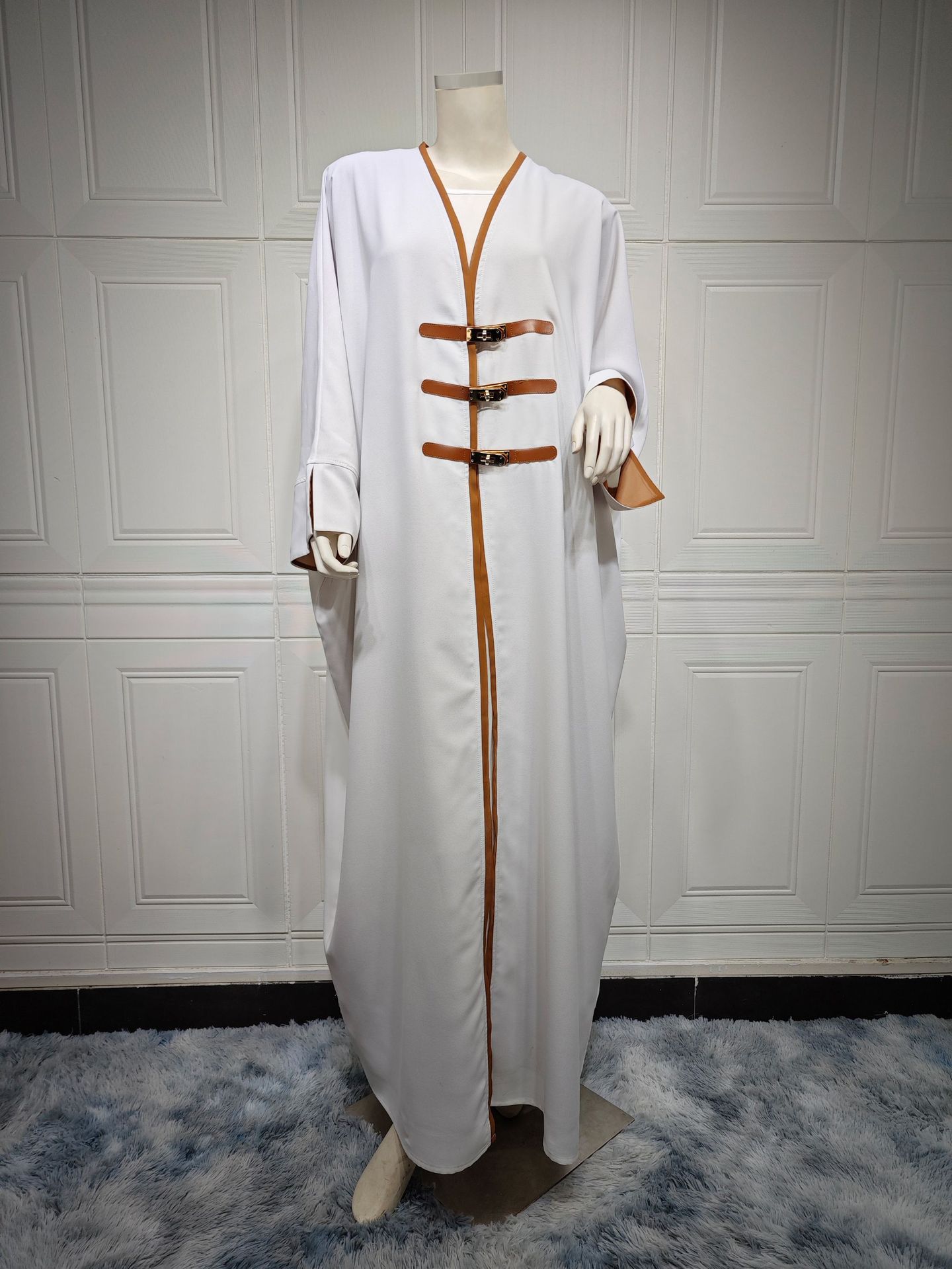 New Arrival Leather Buckle Open Kimono Abaya For Muslim Women Ramadan Eid Jalabiya Patchwork Long Sleeve African Moroccan Robe
