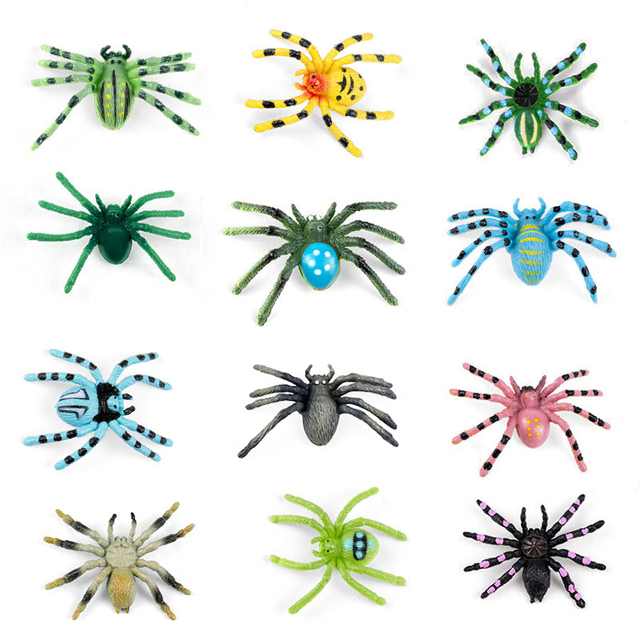 12pcs Mini Colorful Fake Spiders, Festive Plastic Toys,Simulation Small Insect Animals, Used For Halloween Party Fools'Day Decor