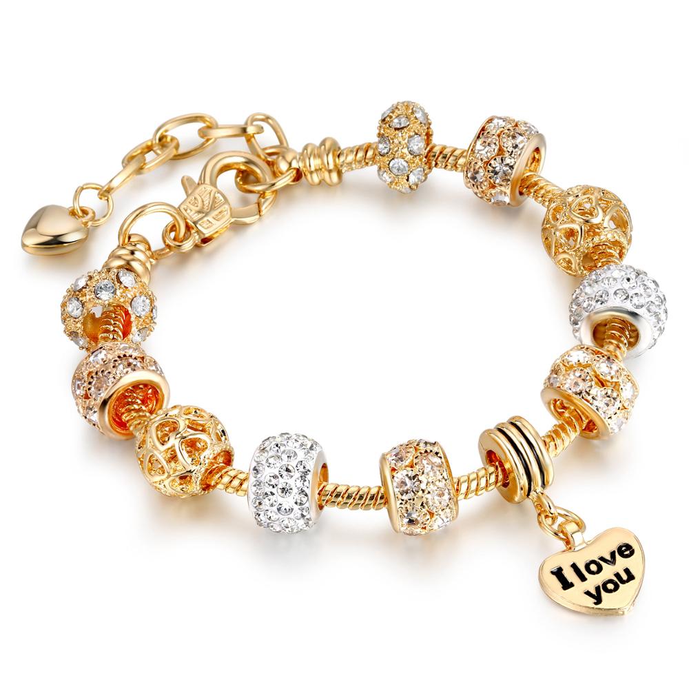 19cm Fit Original Bracelets Gold For Women Bead Bracelet Armband Brass Charm Crystal Beads Bracelet Bangle Holiday Gift