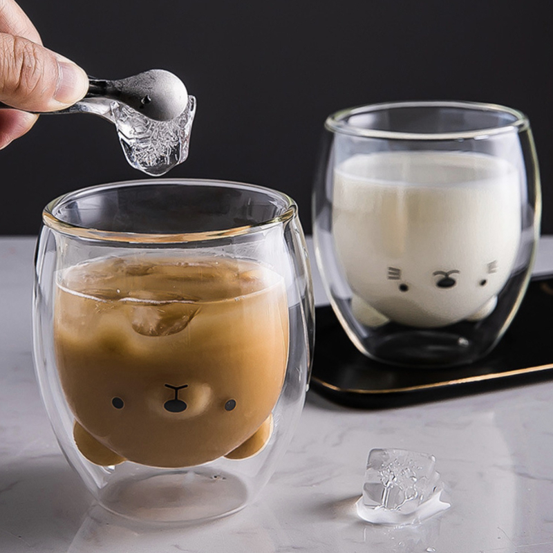 250ml Creative Double Water Glass Cup Animal Double-layer Glass Mug Kid Cute Beer Milk Coffee Juice Cup Gift Drinkware Kitchen