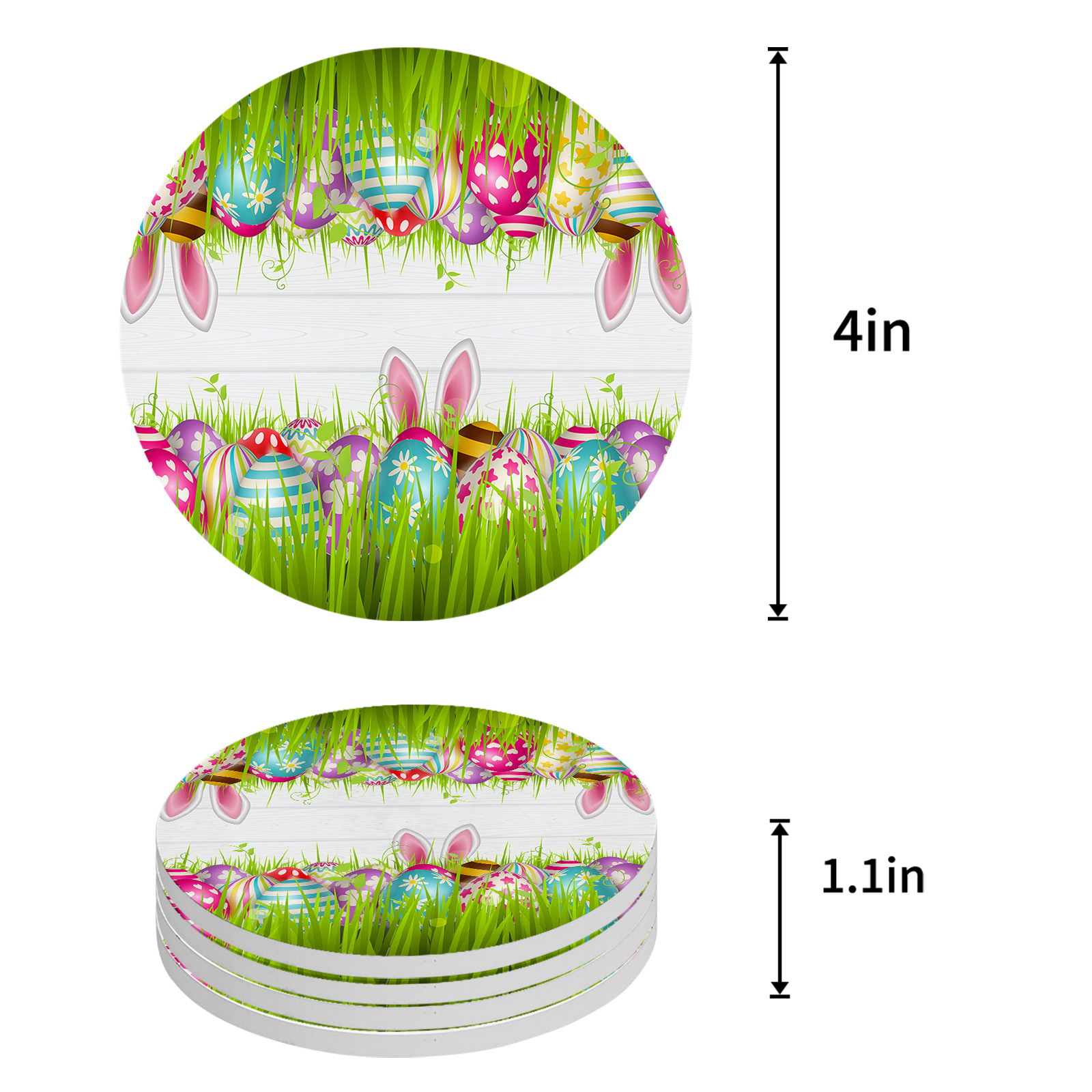 Easter Eggs Rabbit Ears Grass Round Ceramic Coaster Coffee Tea Cup Mats Non-slip Placemat Tableware Pads Decorations