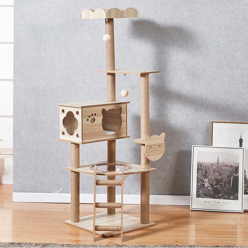 Wholesale Big Luxury Solid Wood Sisal Rope Style Cat House Pet Furniture Cat Trees Modern Wooden Cat Tree Tower