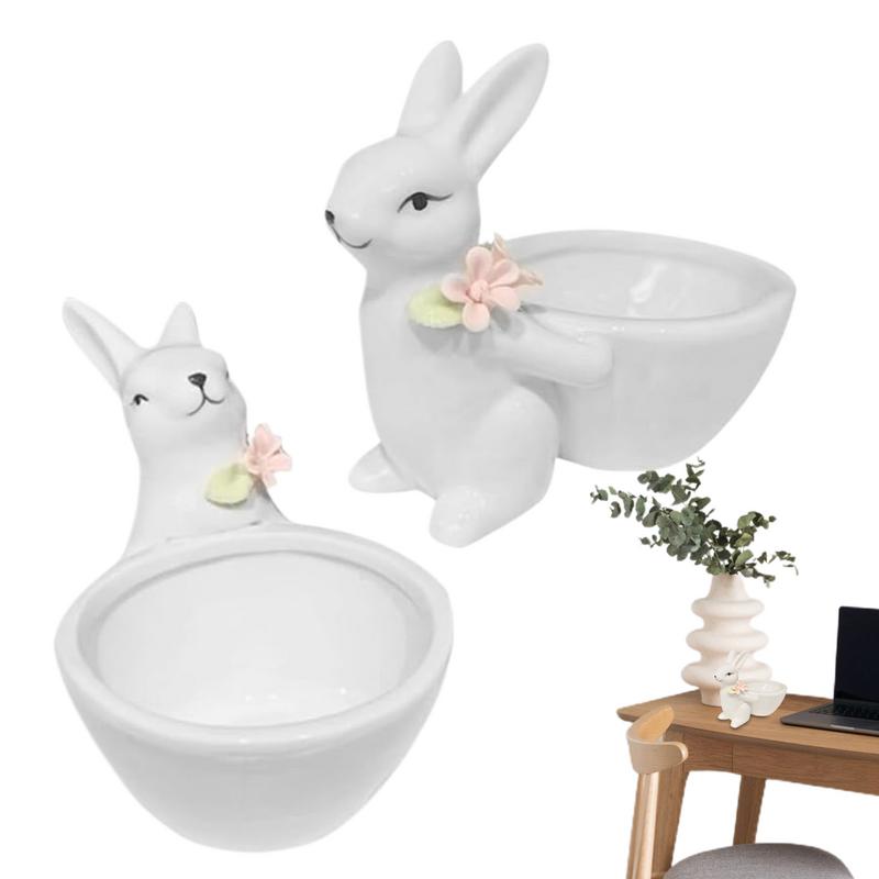 Rabbit Figurines Cute Ceramic Decorative Bunny Snack Serving Bowl Jewelry Holder Tray For Easter Desktop Office Gift Home Decor