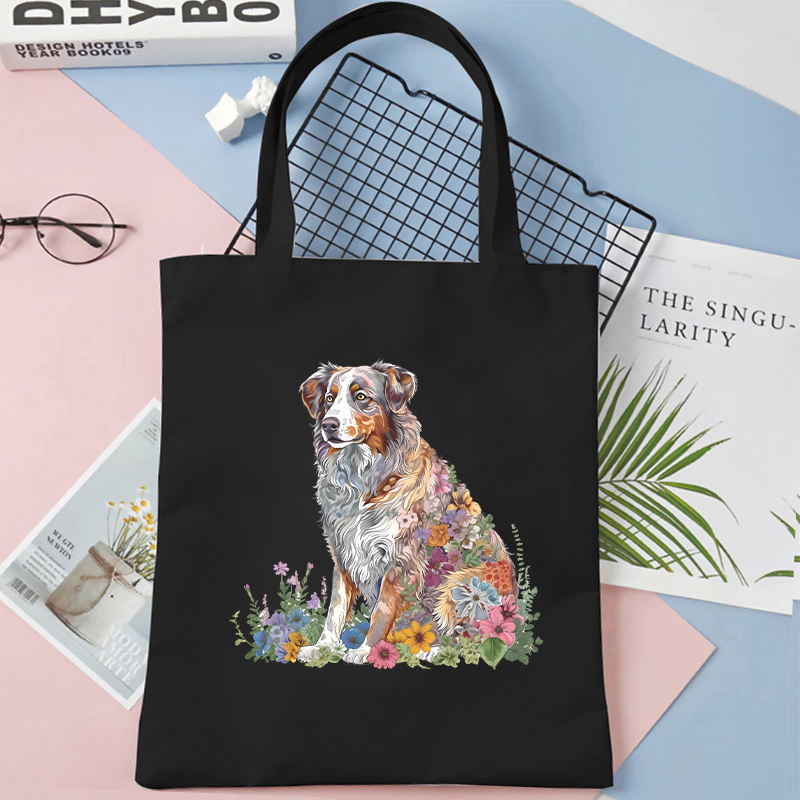 Watercolor Floral Dog Print Canvas Bag Women Fashion Shoulder Totebag Female Shopping Bags Girl Student School Bags Animal Totes