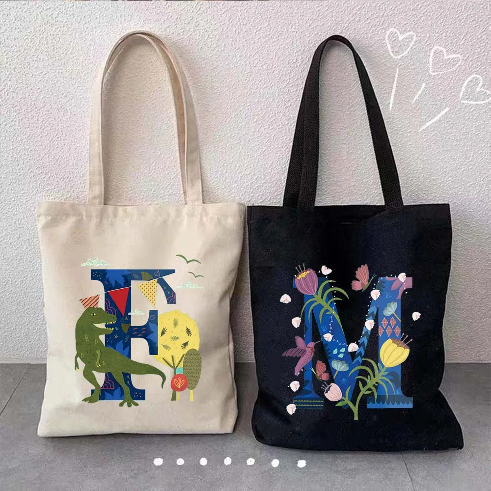 A Z Watercolor Flower Letter Print Harajuku Shopping Canvas Tote Bag Women's Designer Shopper Handbag Canvas Bag