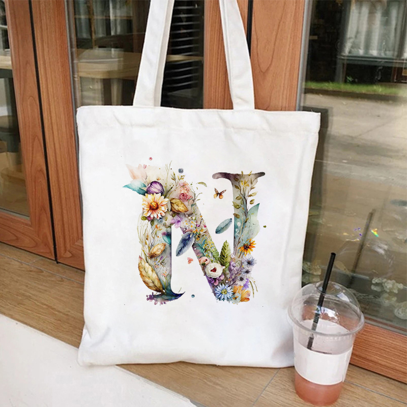 Casual Large Capacity Women's Handbags 26 Alphabet A-Z Shoulder Bags Shopper Canvas Letter Fashion Flower Trend White Tote Bags