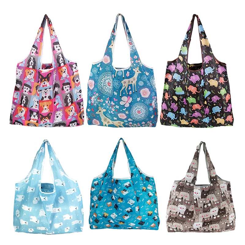 Foldable Shopping Bag Reusable Travel Grocery Bag Eco-Friendly Cute Animal Cat Cactus Lemon Printing Supermarket Tote Bag
