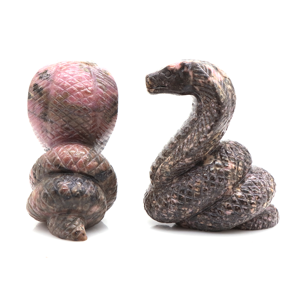 Cobra Snake Statue Natural Pink Black Rhodonite Reiki Crystal Stone Craft Animal Desk Decorations Tea Pets Ornaments, Gift, 2.9"