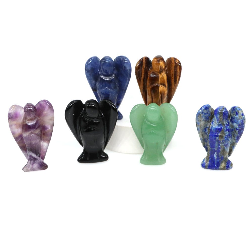 Natural Stone 1.2" Cute Cat And 1.5" Guardian Angel Statue Healing Crystal Animal Figurine Gems Craft Home Decor Christmas Gifts