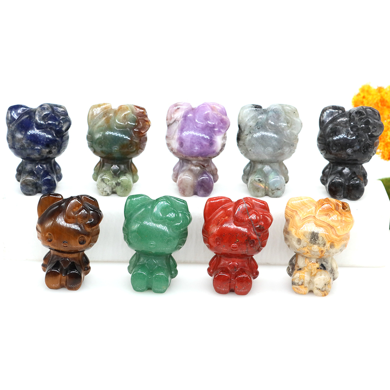 1.4" Cute Cartoon KT Cat Statue Natural Healing Crystal Stone Carved Movie Fantasy Crafts Home Decor Christmas Children Gifts