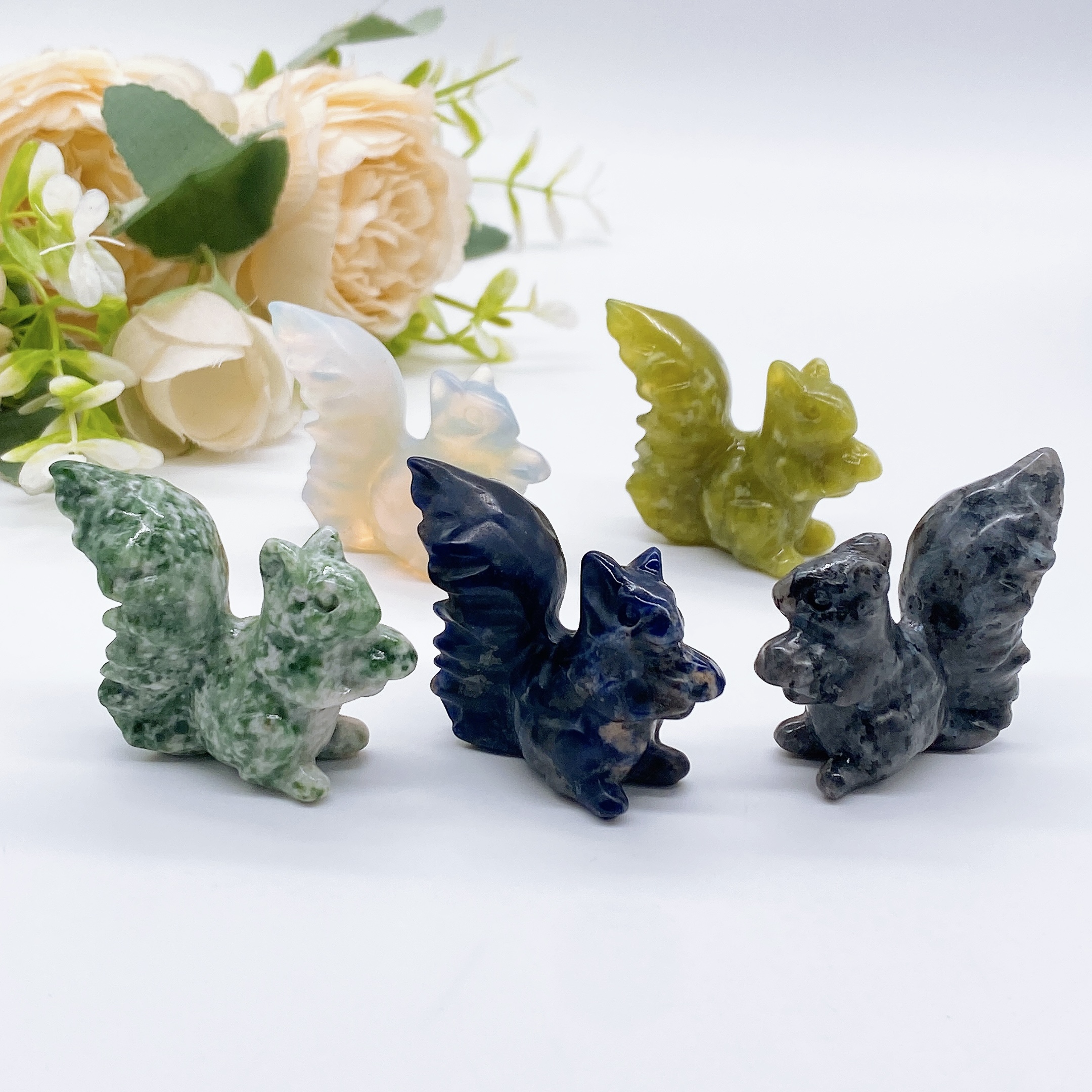 50mm Natural Strawberry Quartz Opalite Squirrel Carved Crystal Stone Reiki Healing Animal Handcraft Gemstone Home Decor Gift