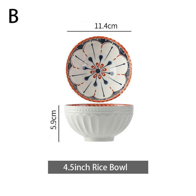 Japanese Retro Household Noodle Bowl Ceramic Bowl Print Embossed Anti-scalding Bowl Pasta Bowl Kitchen Tableware Microwave Oven