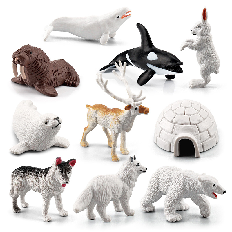 Simulated Arctic Animal Model: Rabbit, Fox, Killer Whale, Beluga Whale, Reindeer, Husky Polar Bear, Ice House Sand Table