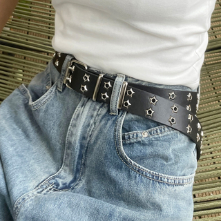 Star Rivet PU Leather Belts Women Men Punk Black White Double Row Hollow Waist Strap Trendy Waistband Jeans Skirt Decoration