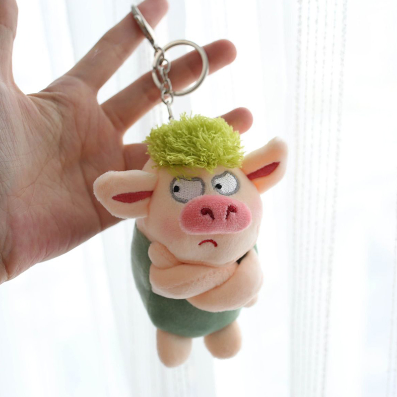 Adorable Animal Keychain Funny Green Hair Plush Animals Angry Pig Doll Pendant Car Backpack Decoration Soft Stuffed Toy Gif