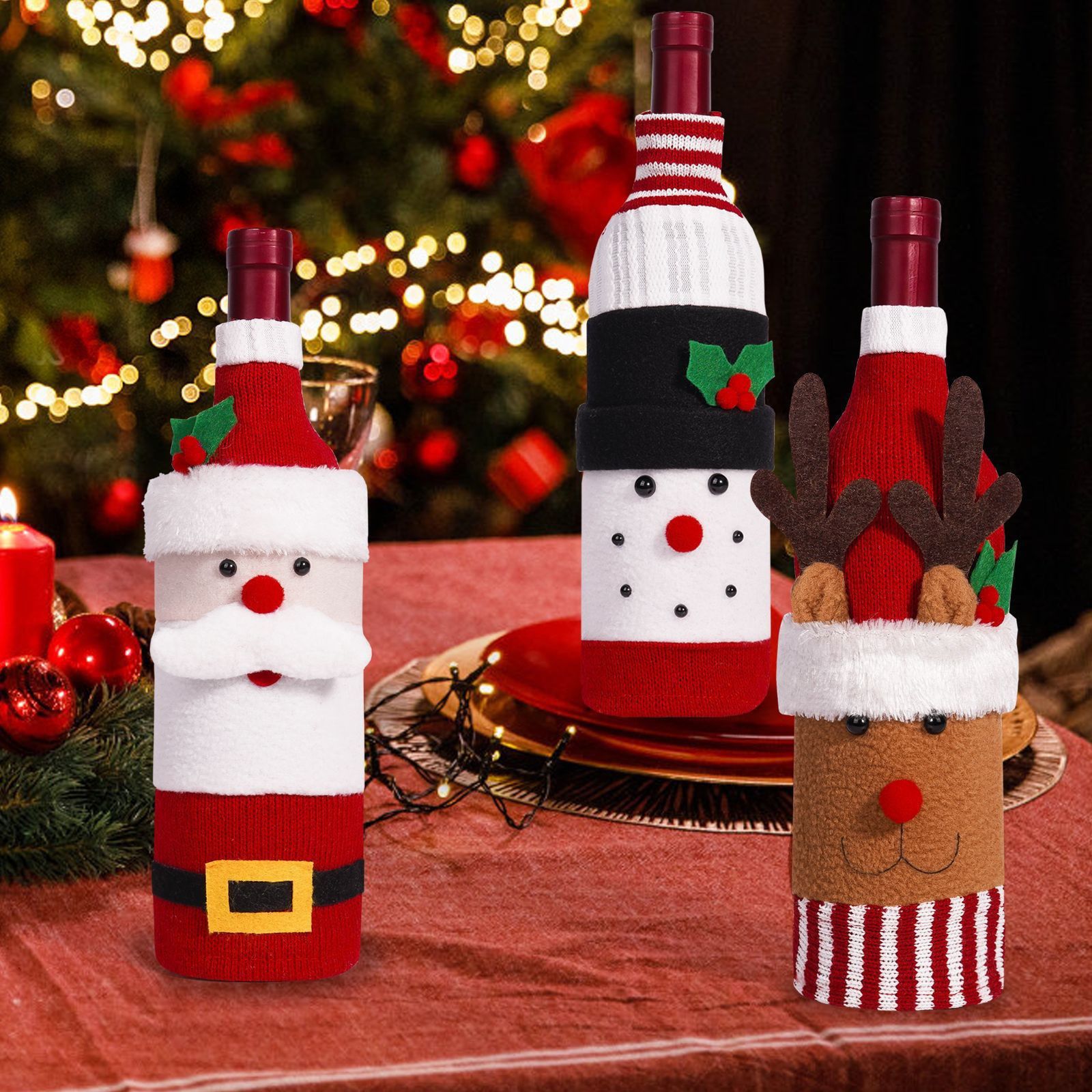 Christmas Decorations, Santa Claus Snowman Wine Bottle Covers, Champagne And Red Wine Bottle Covers,