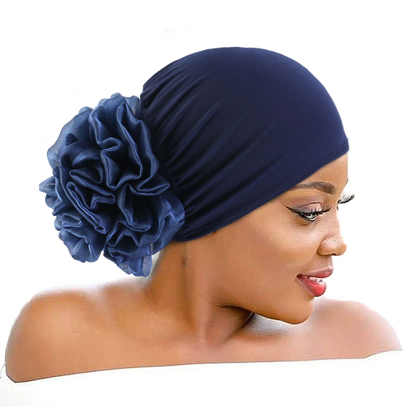 Women's Hijabs Big Flower Turban Hair Accessories Elastic Cloth Hair Bands Hat Beanie Ladies Muslim Solid Hair Loss Scarf Cap