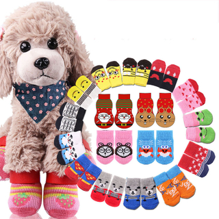 4pcs Warm Puppy Dog Shoes Soft Breathable Pet Knits Socks Cartoon Anti Slip Skid Socks for Small Dogs