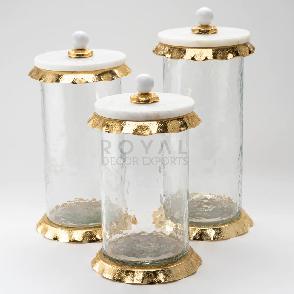 Round Glass Jar With Marble Lid Food Storage & Container Gold And Silver Home Hotel Restaurant Decorative Fancy Glass Canisters