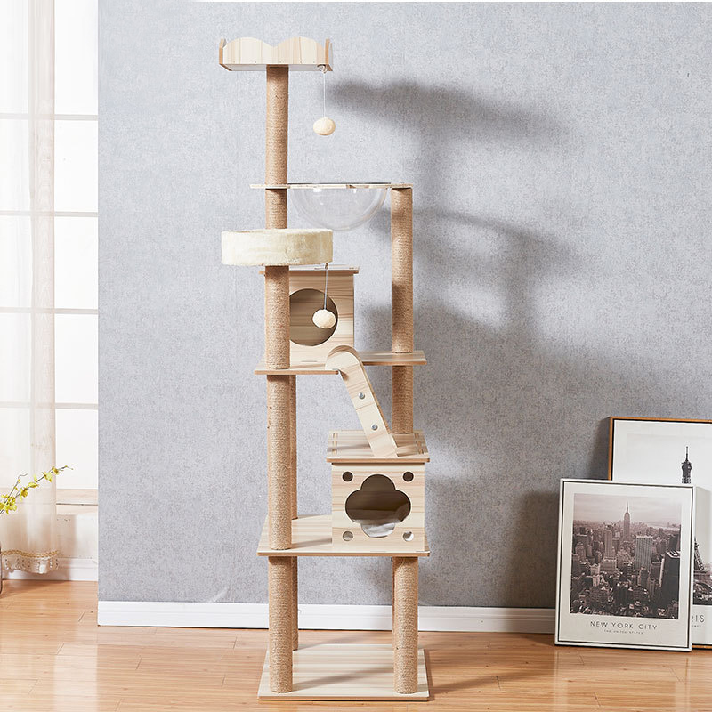 Wholesale Big Luxury Solid Wood Sisal Rope Style Cat House Pet Furniture Cat Trees Modern Wooden Cat Tree Tower