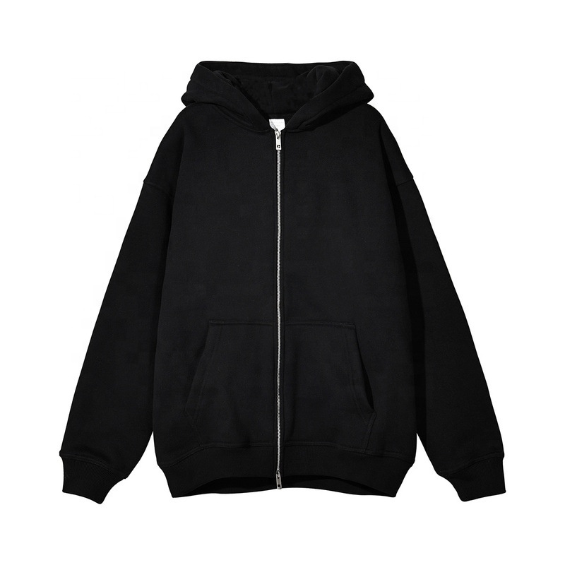 High Quality Puls Size Men's Black Plain Zip Up Hoodies Custom Puff Printing Logo Oversized Zipper Hoodie for Man