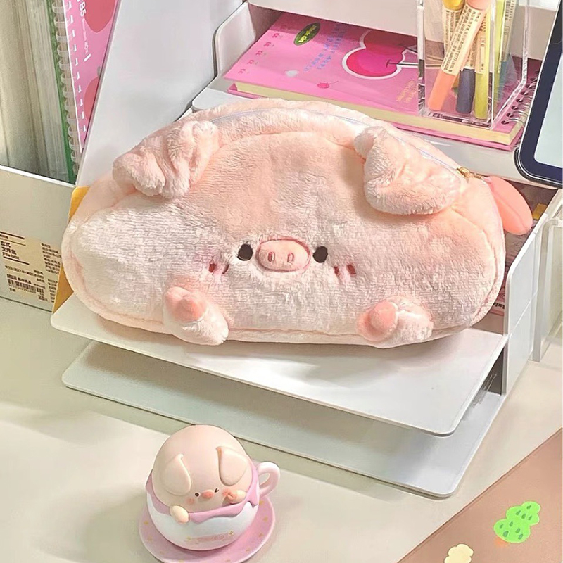 Kawaii Pink Girly Heart Piggy Plush Pen Bag Student Creative Large Capacity Pen Bag Cute Stationery Supplies Cosmetic Bag