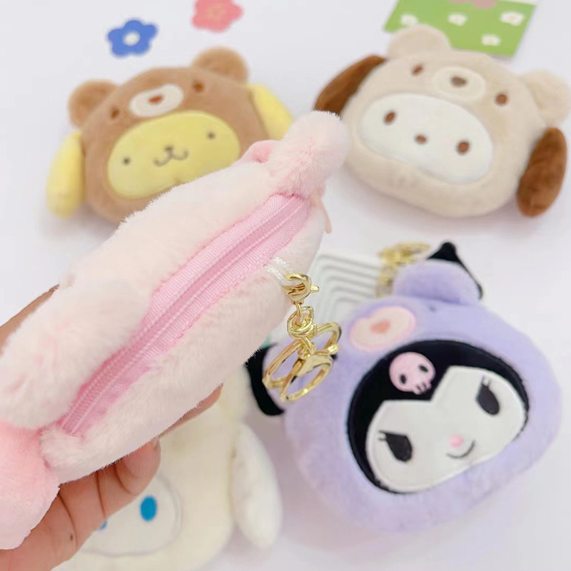 12cm Sanrio Kawaii My Melody Kuromi Cinnamoroll Kt Cat Plush Toy Keychains Small Pendant Coin Purse Headphones Storage Bag