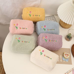 Ins Tulip Fresh Pencil Bag Cute Plush Pencil Case Girl Cosmetic Bag Student Storage Bag Student Pencil Box School Office Supplie