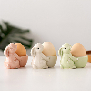 Ceramic Rabbit Shape Egg Cup Easter Cute Bunny Shaped Egg Stand Holder Tabletop Ornaments Hard Boiled Egg Holder For Lunch Decor
