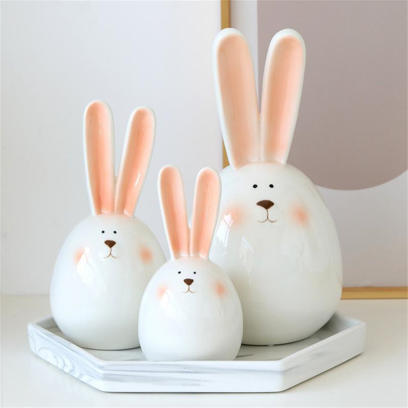 Cute Ceramics Long Ears Rabbit Head Home Decoration Accessories Living Room Ornament Round Bunny Crafts Easter Gifts For Friend