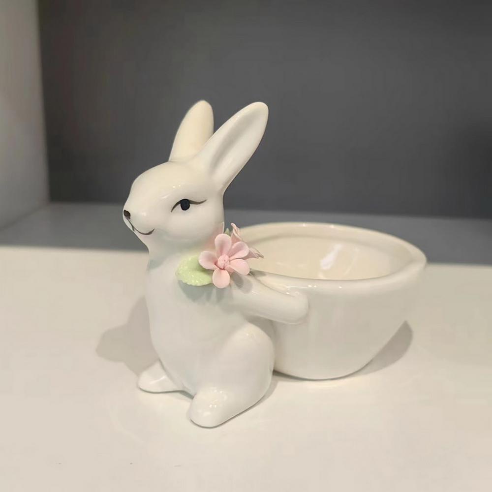 Rabbit Figurines Cute Ceramic Decorative Bunny Snack Serving Bowl Jewelry Holder Tray For Easter Desktop Office Gift Home Decor