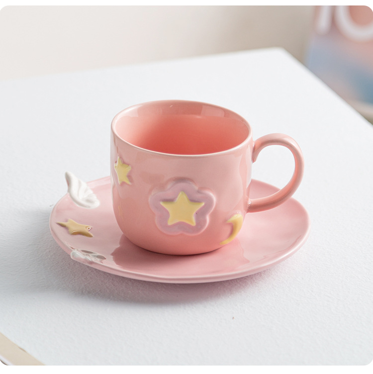 Ceramic Coffee Cup And Saucer Set Star Cup Lovely Afternoon Tea Drinkware Household Breakfast Milk Oatmeal Cup Pastry Dish