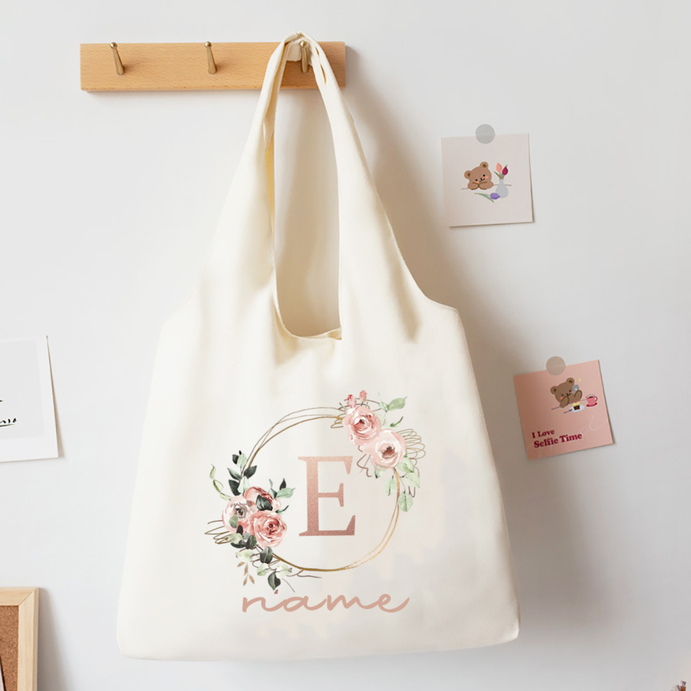 Custom Name Floral Alphabet Print Tote Bag Personalize Canvas Portable Large Capacity Handbags The Christmas Birthday Best Gifts
