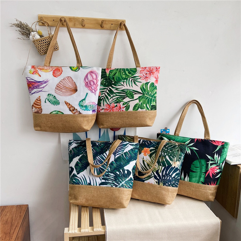 Women's Messenger Bag Leaves Printed Canvas Handbags Large Capacity Totes Fashion Ladies Portable Zipper Beach Shoulder Bag