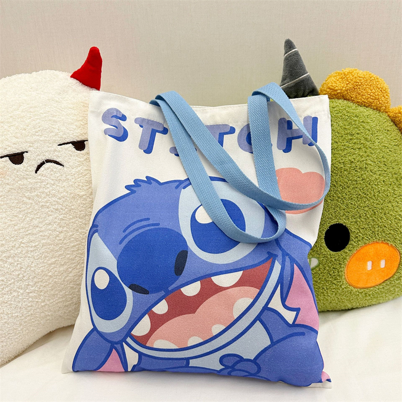 New Cartoon Canvas Shoulder Bags Cute Anime Stitch Angel Large Capacity Shopping Tote School Bags Gifts Girls