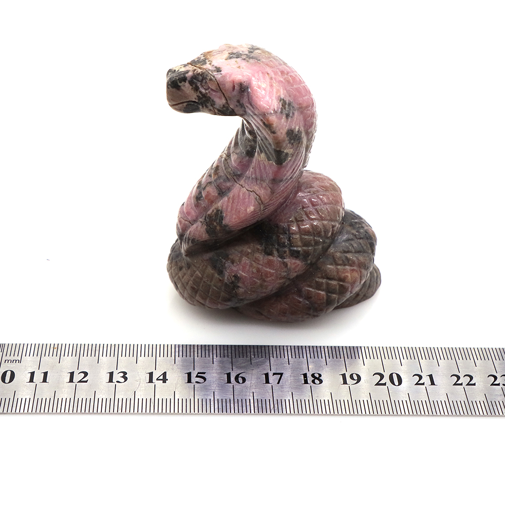 Cobra Snake Statue Natural Pink Black Rhodonite Reiki Crystal Stone Craft Animal Desk Decorations Tea Pets Ornaments, Gift, 2.9"