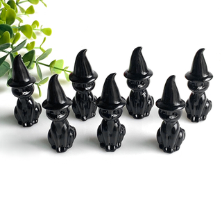 1PC Black Obsidian Crystal Carved Cat Figurine with Witch Hat, Natural Rock Crystal Handcrafted Cat Statue, Decorative Gemstone