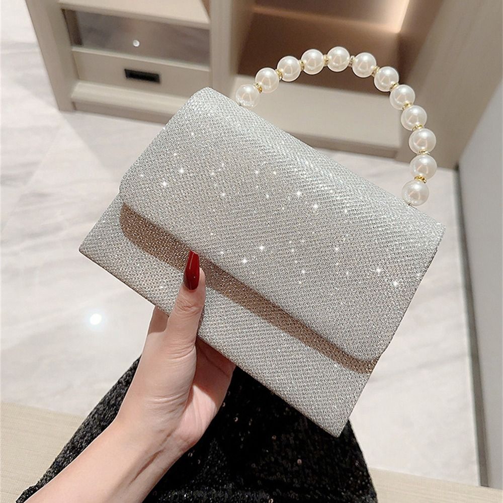 Gold Bright Silk Evening Bag Women Elegant Fashion Banquet Clutch Pearl Chain Shoulder Bags Luxury Purse Female Wedding Handbags