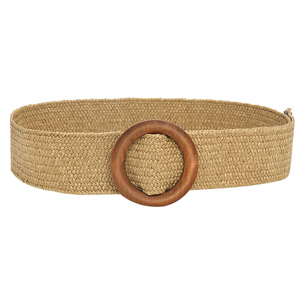 Vintage Waist Belt Round Wooden Smooth Buckle Fake Straw Wide Belt