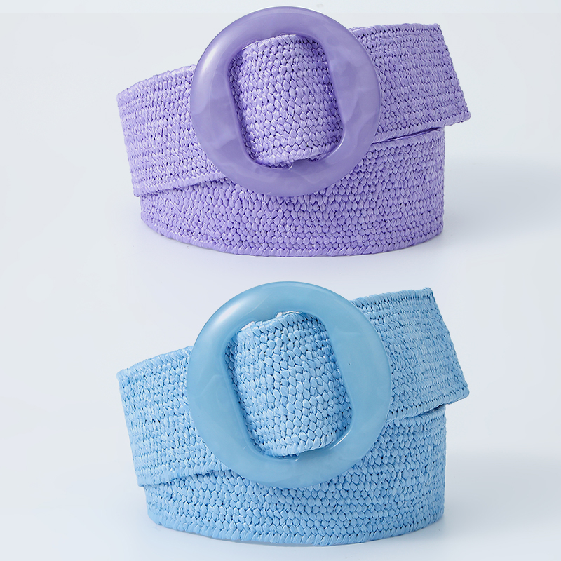  Women Straw Woven Elastic Wide Belt Solid Color with Matching Plastic Buckle