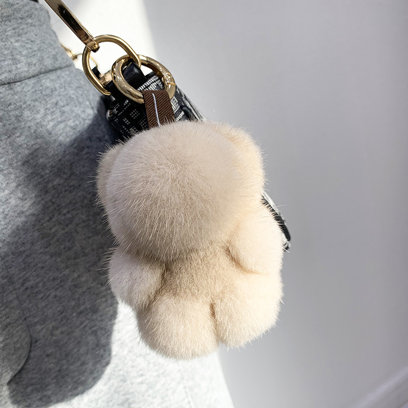 Women Bag Charm Trinkets Car Metal Key Rings Rear View Mirror Ornaments Cute Real Mink Fur Keychain Plush Panda Pendant Kids Toy
