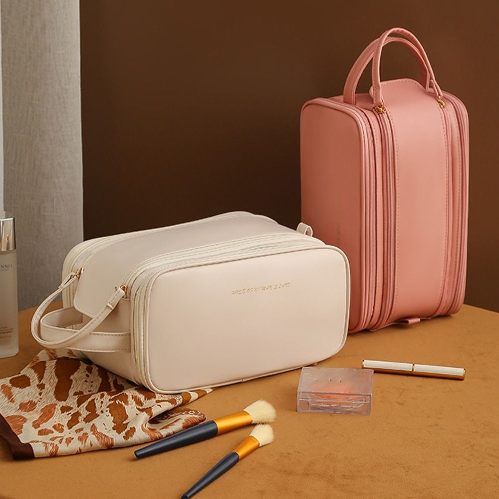 New PU Leather Cosmetic Bag Waterproof Multi-function Storage Bags Double Zipper Large Capacity Storage Tool with Handle Travel