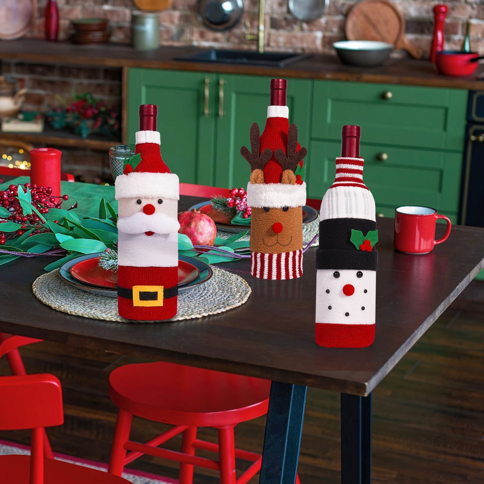 Christmas Decorations, Santa Claus Snowman Wine Bottle Covers, Champagne And Red Wine Bottle Covers,
