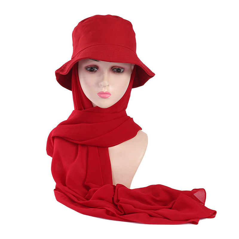 New Muslim Women Bucket Hat With Chiffon Hijabs Summer Sports Cap With Hijab Ready To Wear Instant Hijab Islam Headscarf