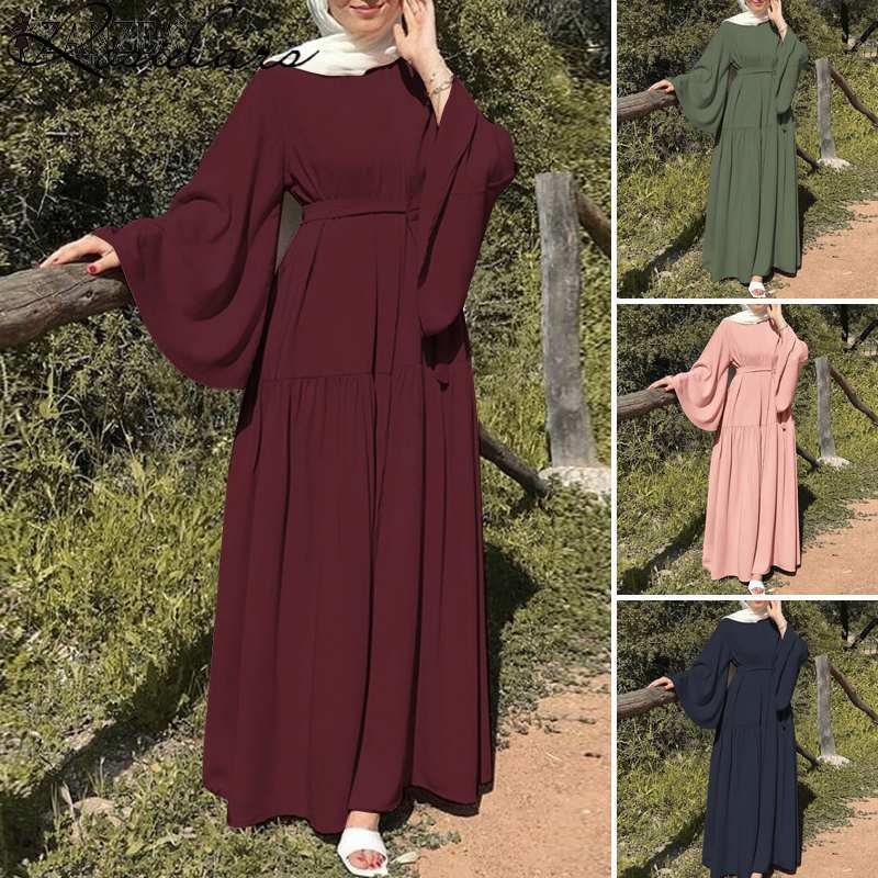  Muslim Fashion Leisure Flared Sleeves with Belt Long Dresses Muslim Dress Women Turkish Abayas Robe Pour Femme Musulmane