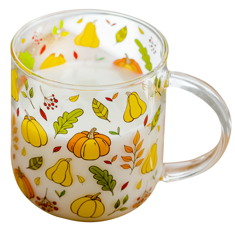 Heat-Resistant with Handle Glass Mug Breakfast Milk Cup Cute Office Home Coffee Mugs Lemon Mushroom Pumpkin Pattern Drinkware