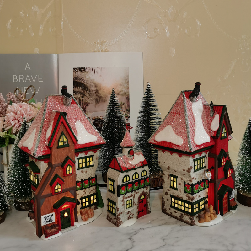 Christmas Decorations Ceramic House Glowing Ornaments Home Accessories Decorative Figurines