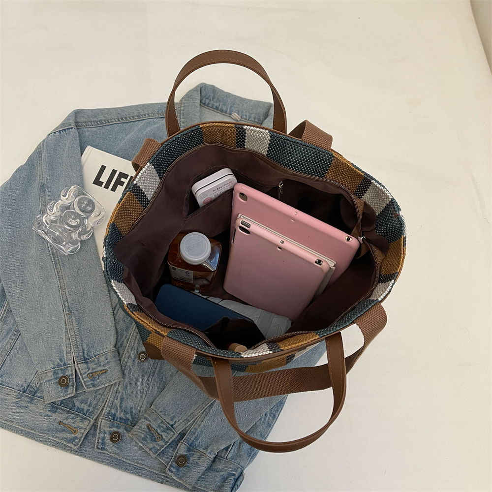 Striped Shoulder Bucket Bags For Women Canvas Fabric Large Capacity Shopping Totes Contrast Color Commute Shopper Handbags 2024