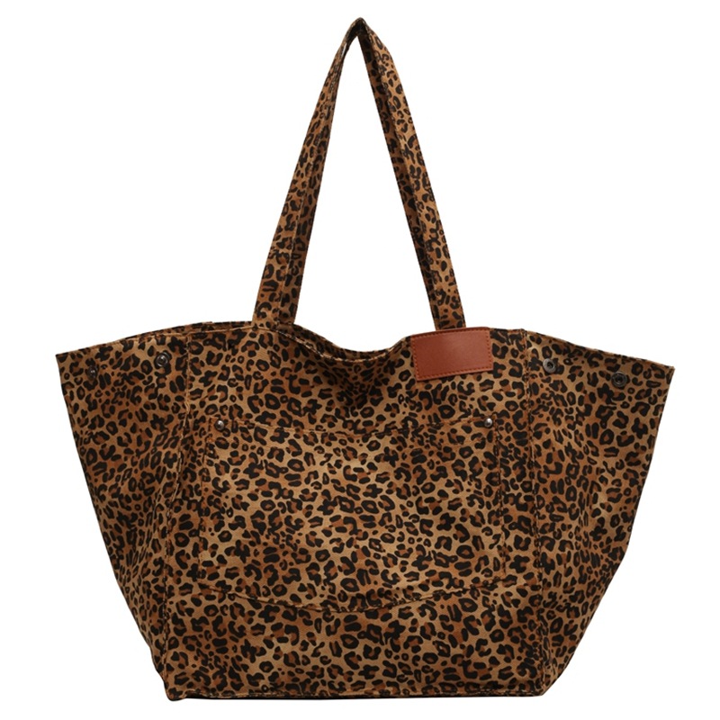 Leopard Pattern Tote Bag Vintage Canvas Shoulder Bag Fashion Big Capacity Handbag For School Work Shopping